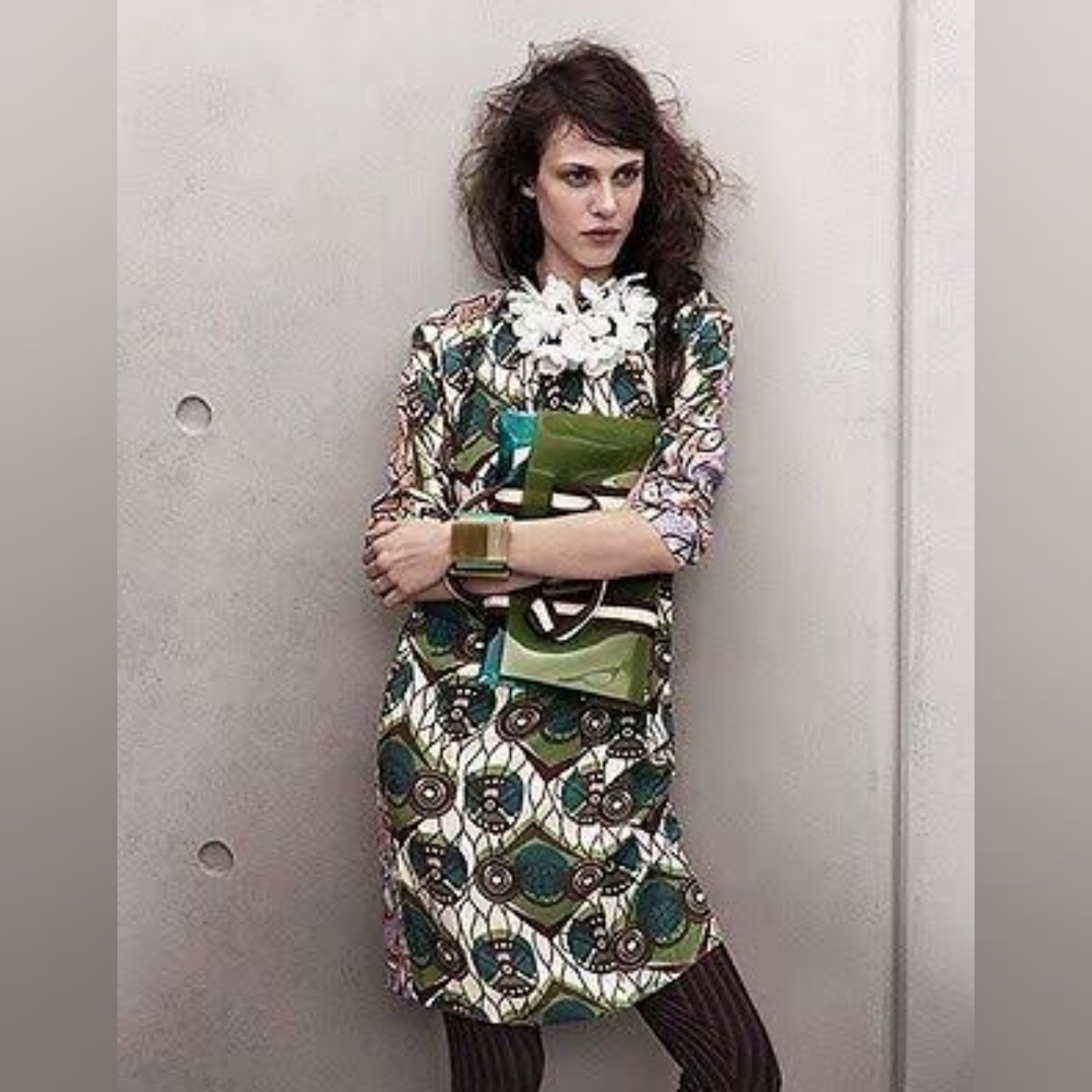 NWOT - MARNI at H&M Green Purple Multi Batik Print Silk Long Sleeve Dress,Sz.2